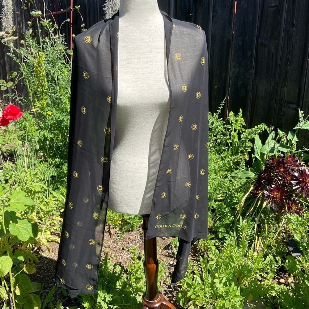 Golden Door Scarf Wrap Long Black Logo Print Rectangle Lux Spa Souvenir Cover Up